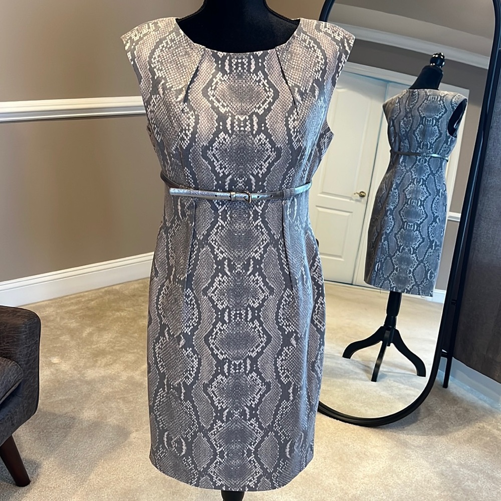 Calvin Klein sheath dress in gray snakeskin